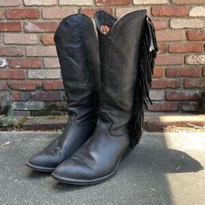 Black leather cowboy boots with fringe